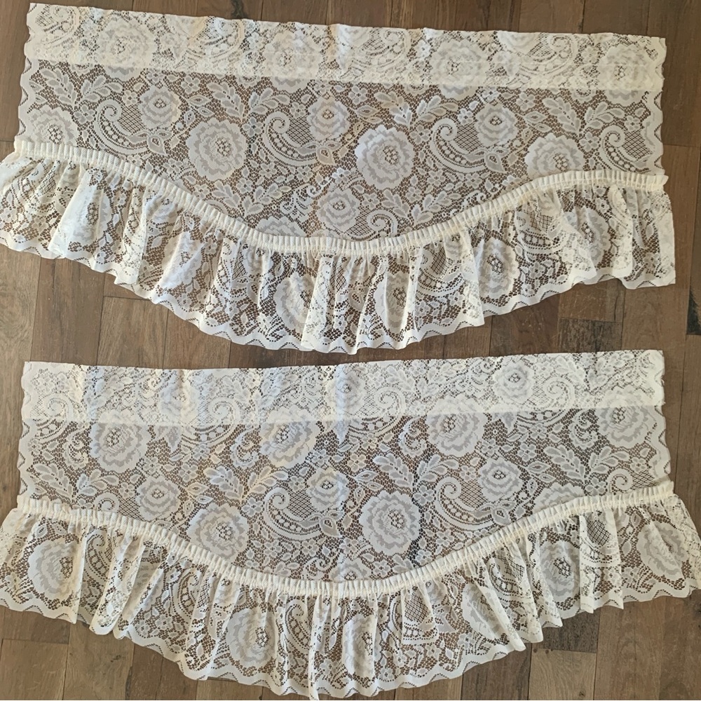 Vintage White Lace Valence 40” Length Ruffled Embroidered Curtains Set o…
